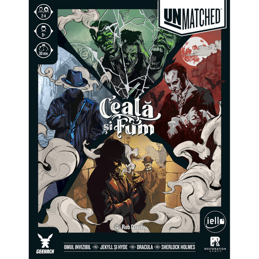 Unmatched – Ceată și Fum társasjáték dobozának előlapja, látványos illusztrációval: Drakula, Jekyll és Hyde, a Láthatatlan Ember és Sherlock Holmes karakterei drámai, sötét hangulatú kompozícióban.