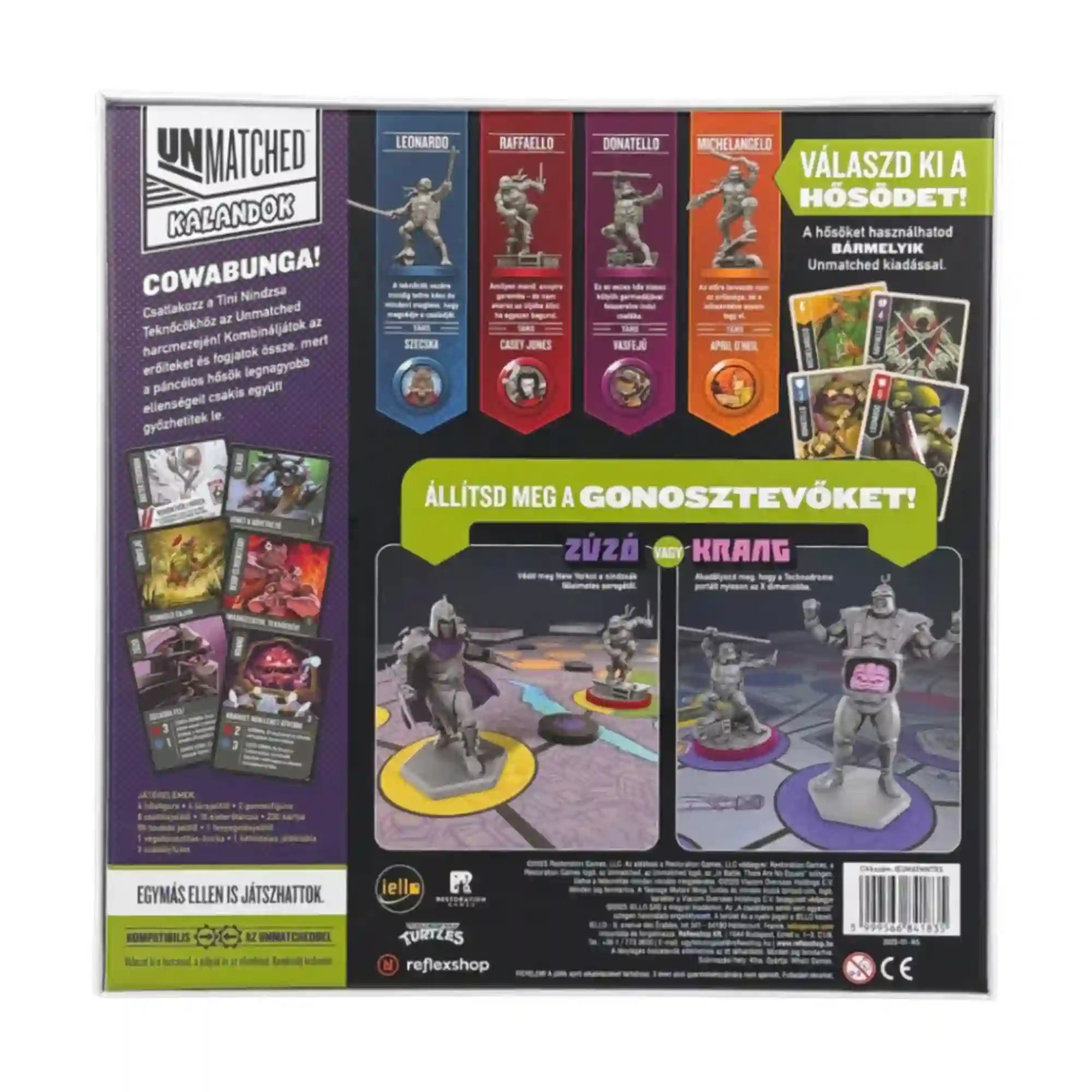 Unmatched Kalandok – Teenage Mutant Ninja Turtles magyar nyelvű társasjáték dobozának hátoldala, karakterbemutatókkal, játékkártyákkal és a gonosztevők elleni csaták illusztrációival.