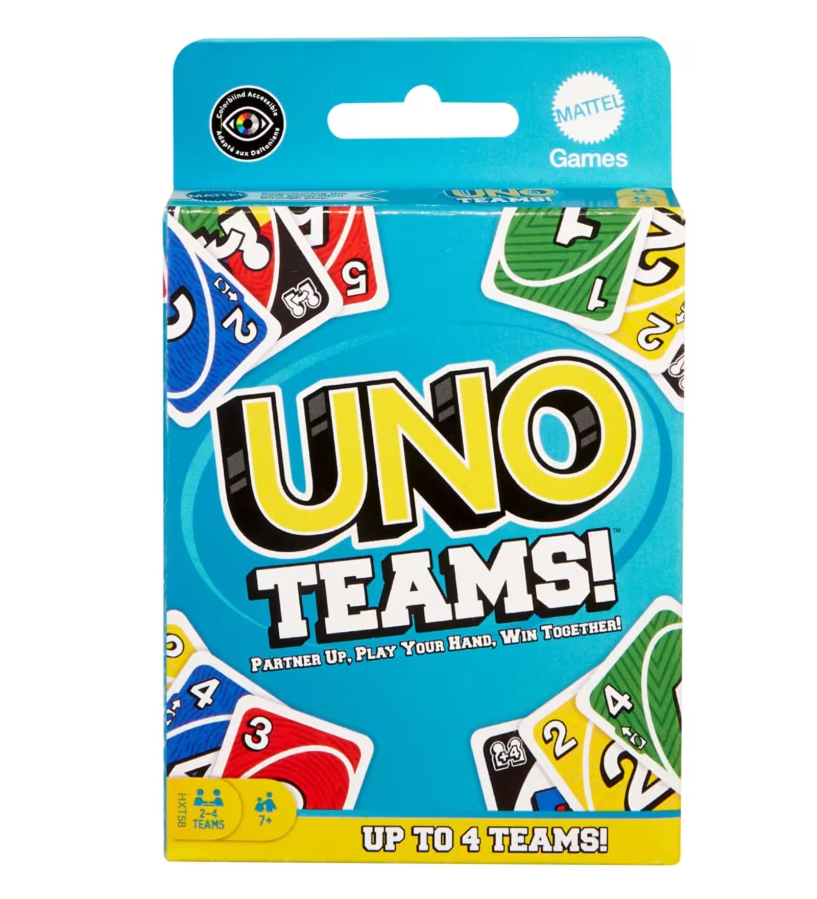 UNO Teams! társasjáték doboza kék háttérrel, színes kártyalapokkal és a Mattel Games logóval.
