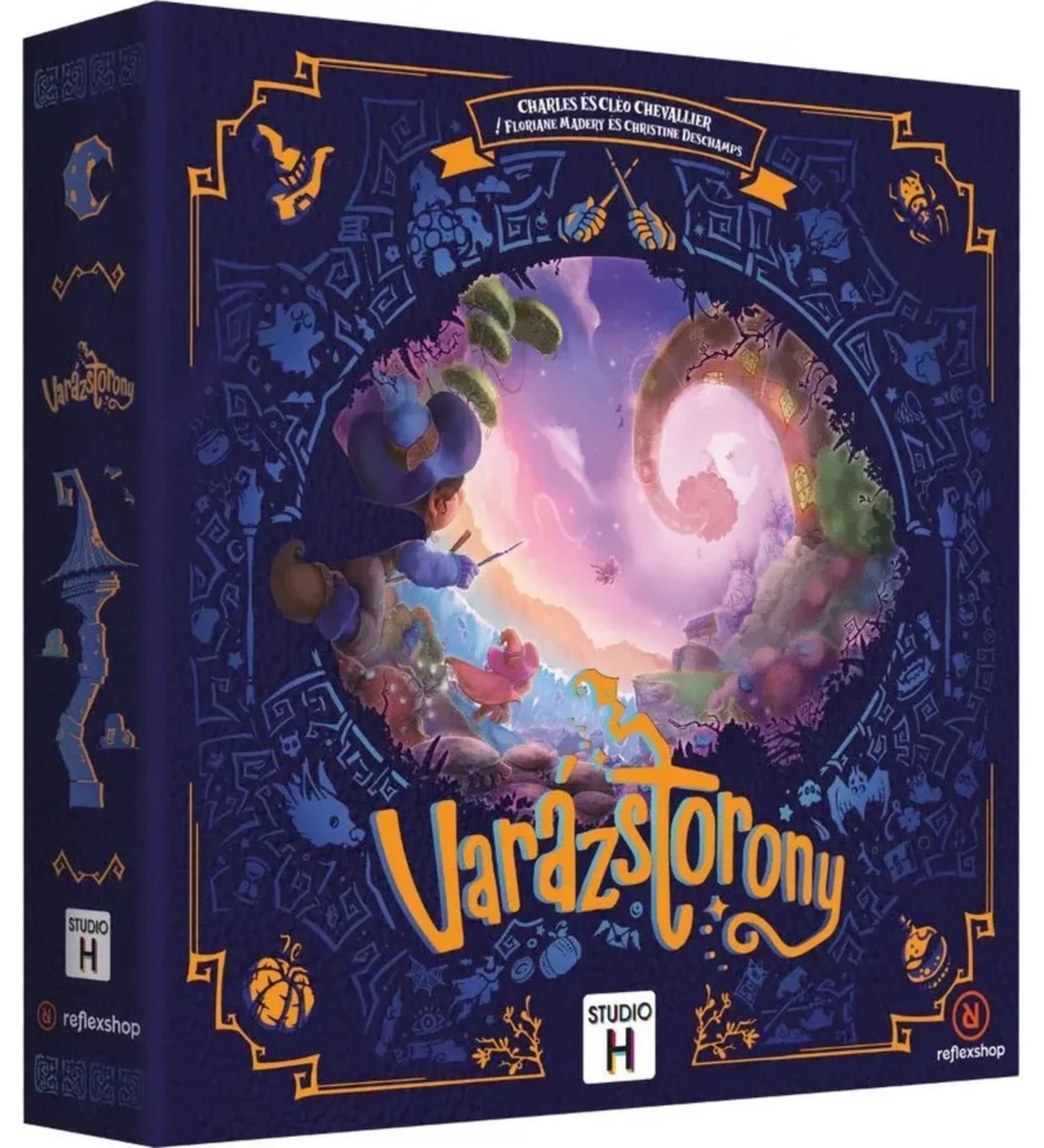 Varázstorony társasjáték doboza elölnézetből, éjféli varázslatos jelenettel, lebegő fénnyel megvilágított toronnyal, két varázsló karakterrel, Studio H és Reflexshop logóval.