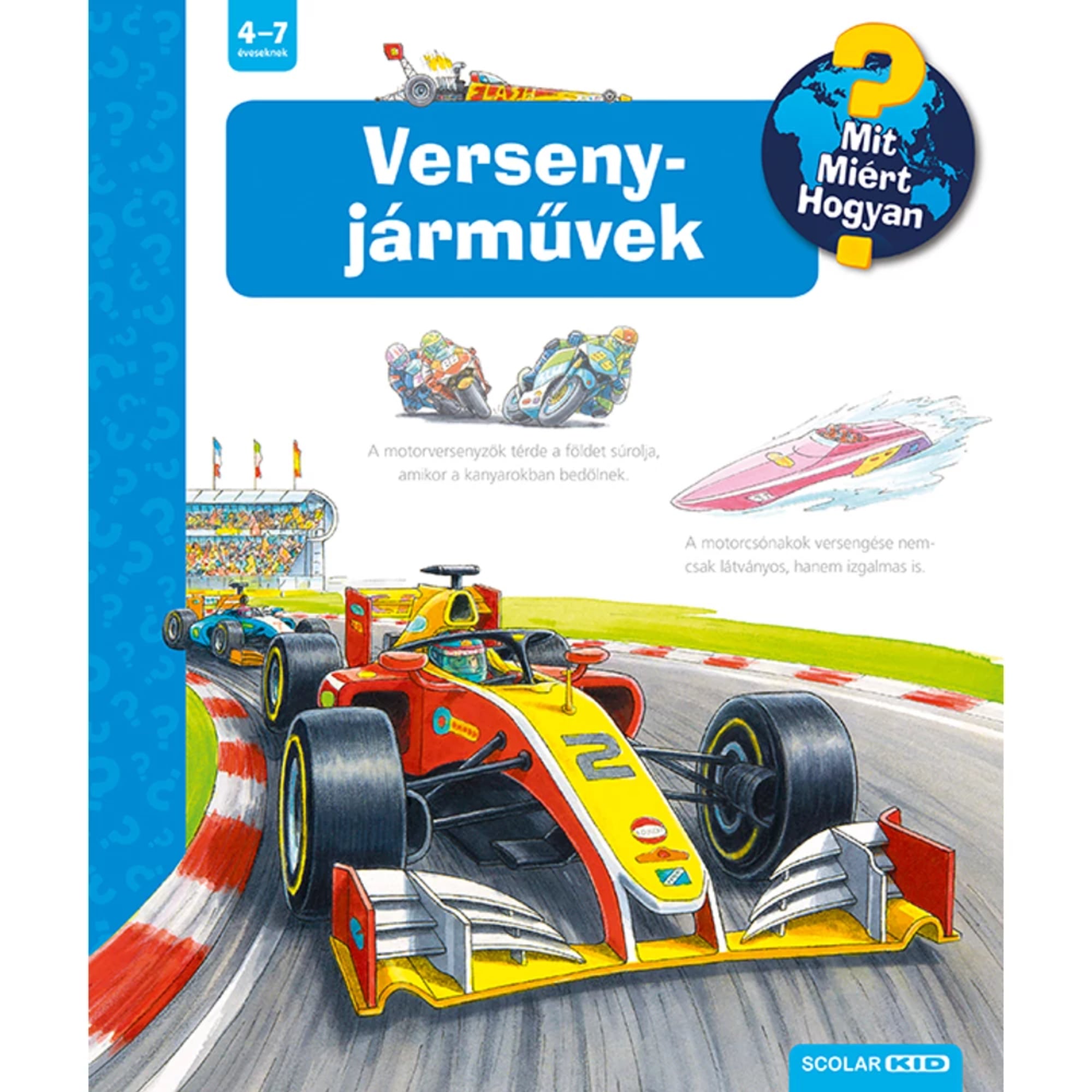 A képen a Versenyjárművek – Mit? Miért? Hogyan? című gyermekkönyv borítója látható. A Ravensburger sorozat 55. kötete színes illusztrációkkal mutatja be a versenyautók, motorcsónakok és motorkerékpárok izgalmas világát a 4-7 éves korosztály számára. 