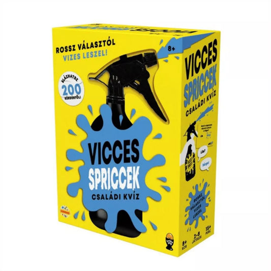 A Vicces Spriccek családi kvízjáték doboza, élénk sárga-kék dizájnnal és vízpermetező palackkal.