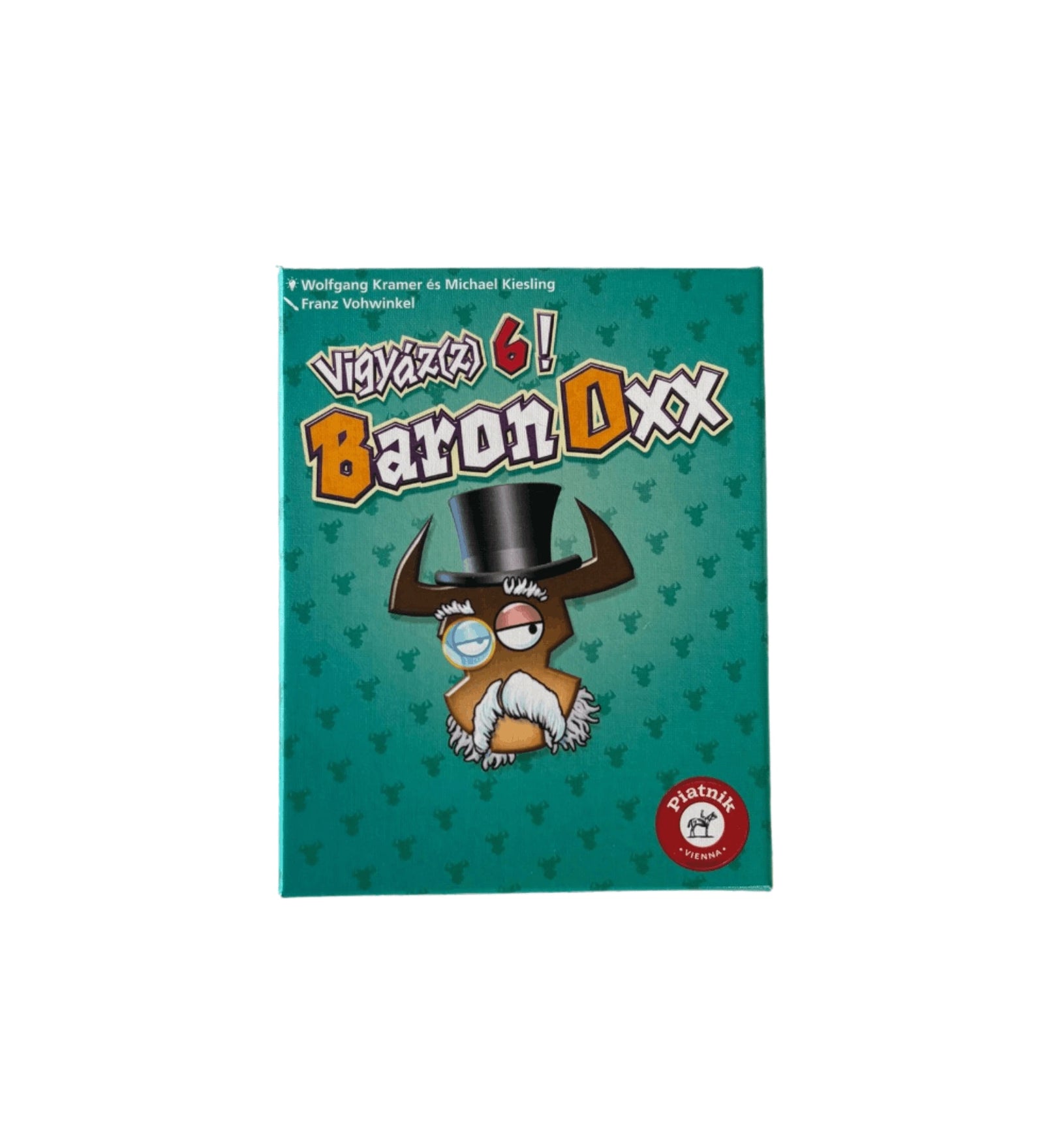 Baron Oxx társasjáték zöld doboza rajzolt bikafejjel és cilinderes karakterrel