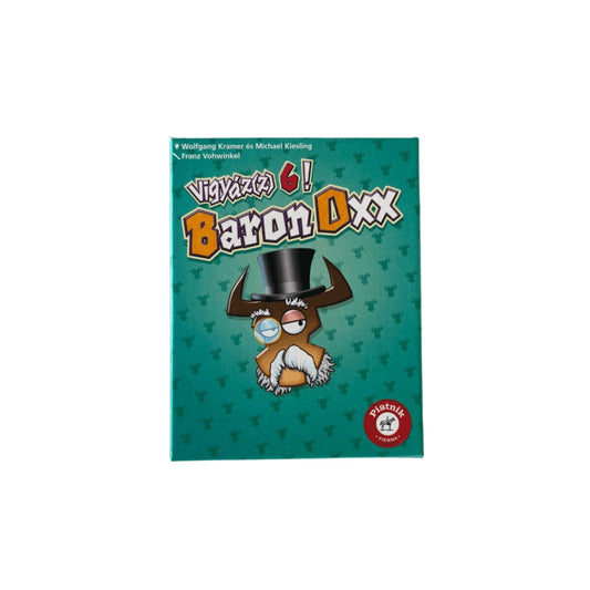 Baron Oxx társasjáték zöld doboza rajzolt bikafejjel és cilinderes karakterrel