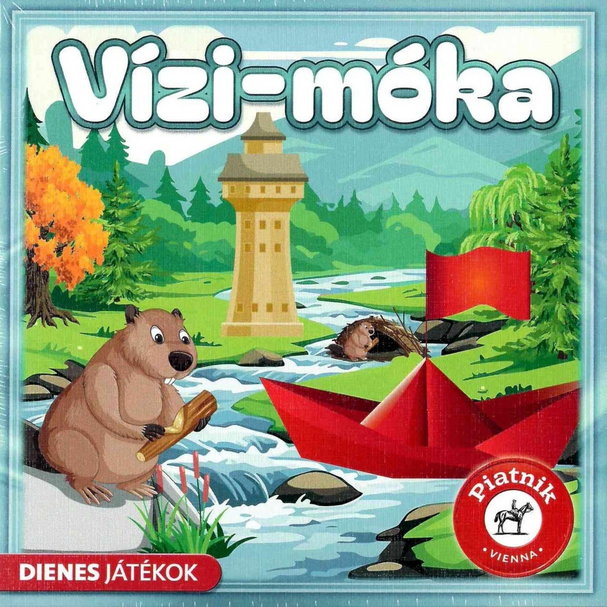 Vízi-móka társasjáték doboza, illusztrált folyóparti jelenettel, hódfigurával, papírhajóval és erdei tájjal.