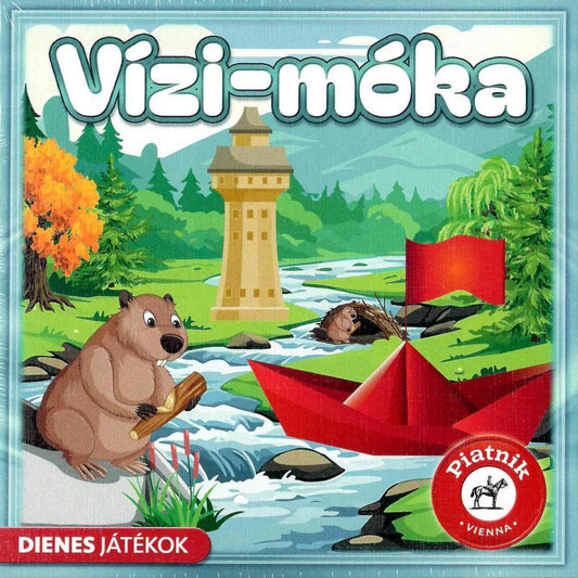 Vízi-móka társasjáték doboza, illusztrált folyóparti jelenettel, hódfigurával, papírhajóval és erdei tájjal.