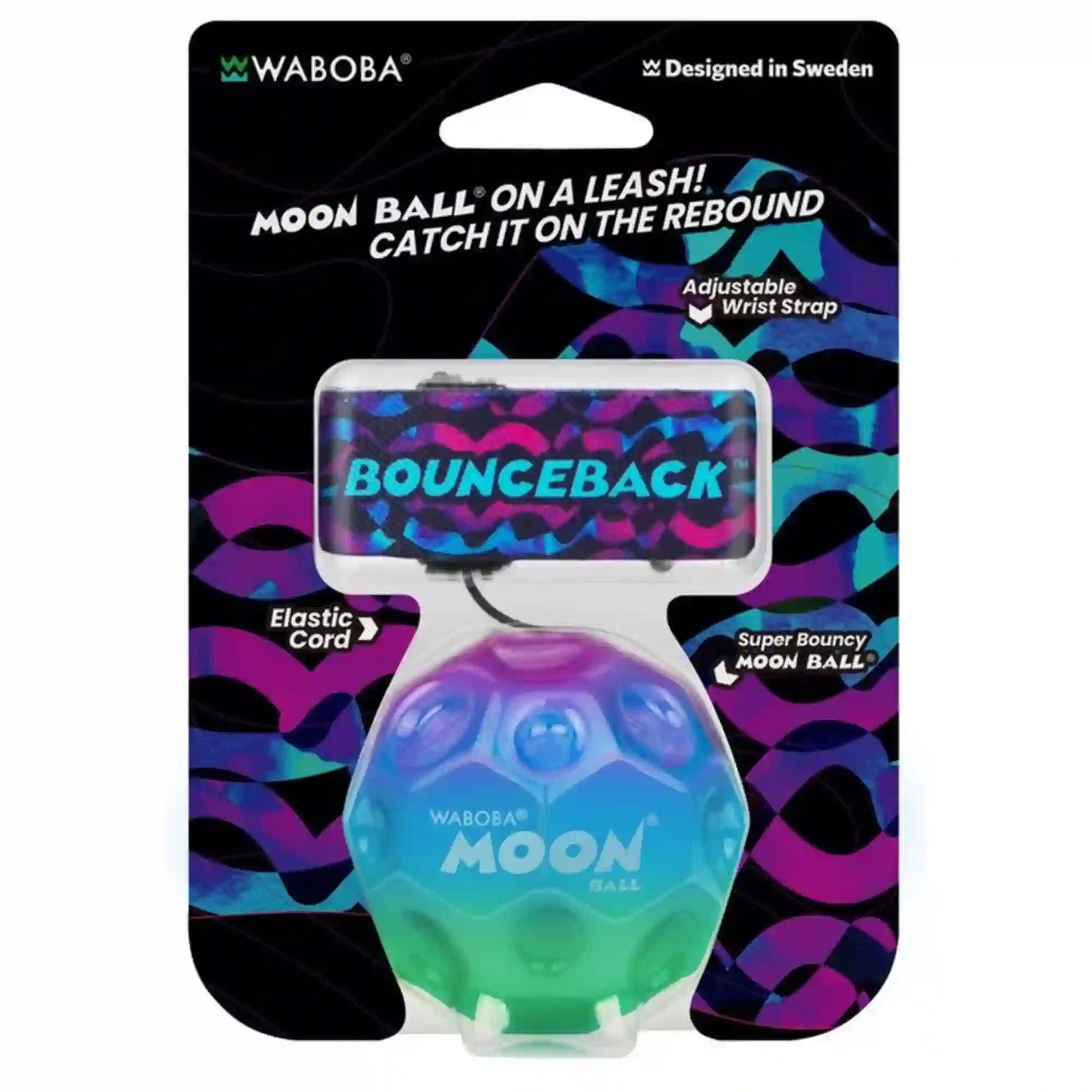 Waboba Bounceback Moon Ball kék-zöld változata eredeti csomagolásban, állítható csuklópánttal és rugalmas zsinórral.