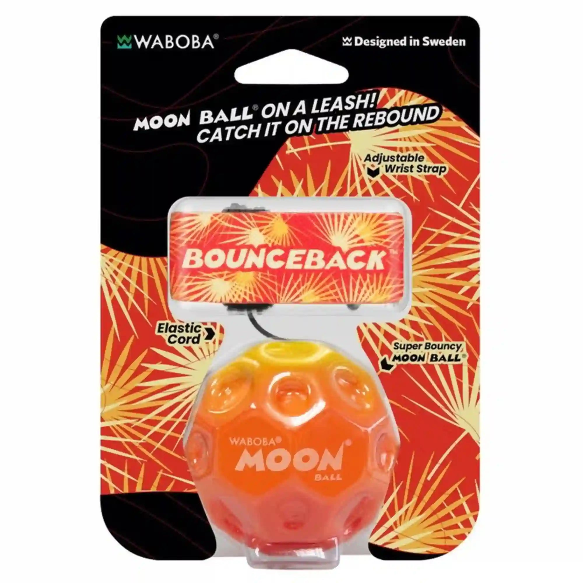 Waboba Bounceback Moon Ball narancssárga változata eredeti csomagolásban, állítható csuklópánttal.