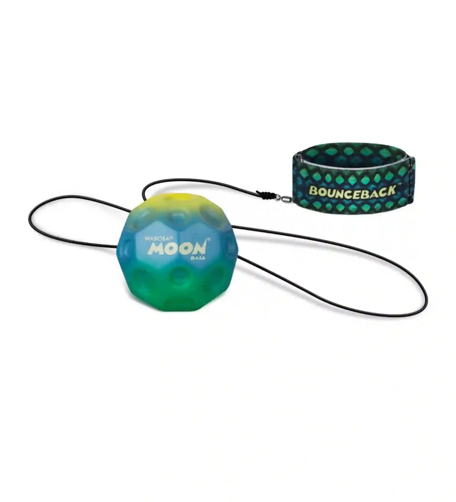 Waboba Bounceback Moon Ball pattogólabda csuklópánttal, kék-zöld színű labdával és mintás Bounceback karszalaggal.