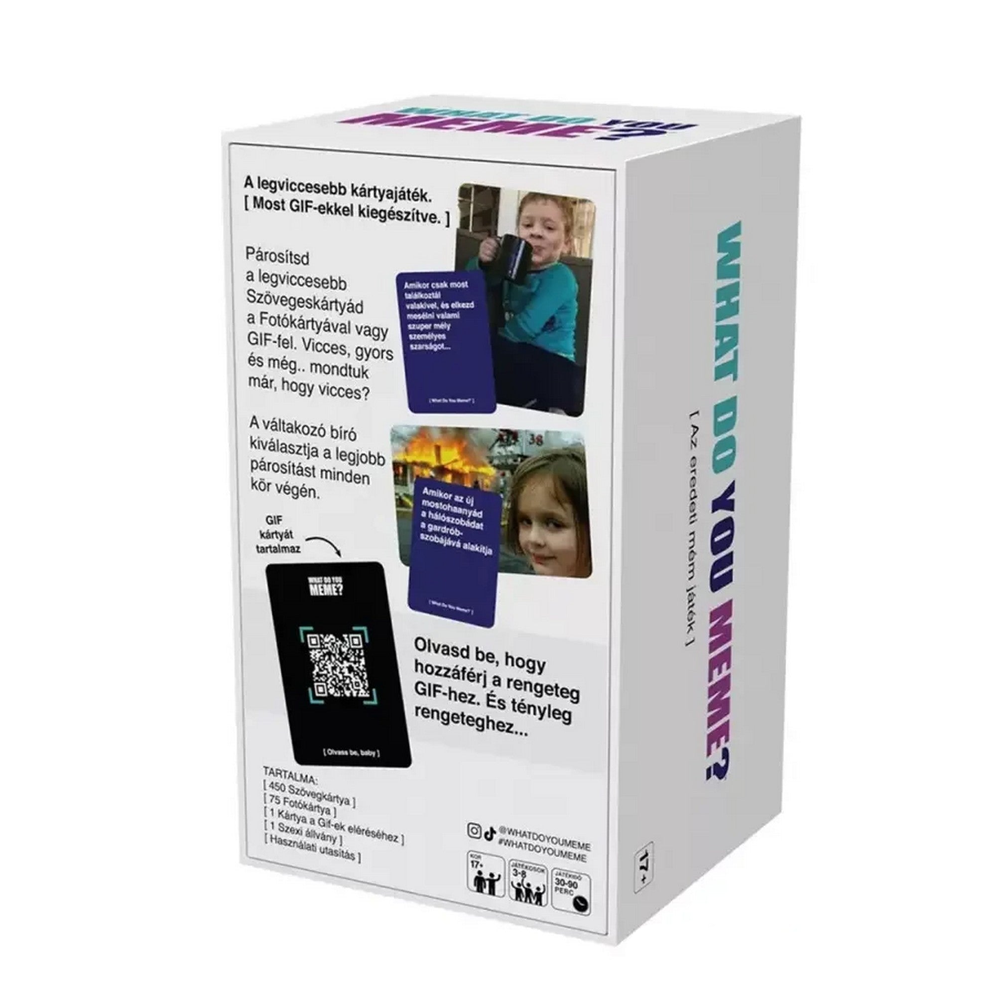 „What Do You Meme? – GIF Edition doboz hátoldala, fotókártyákkal, példamémekkel és a játékleírással.”
