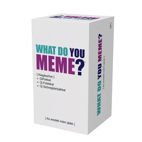 „What Do You Meme? – GIF Edition társasjáték doboza fehér háttéren, a kiegészített tartalom felsorolásával.”