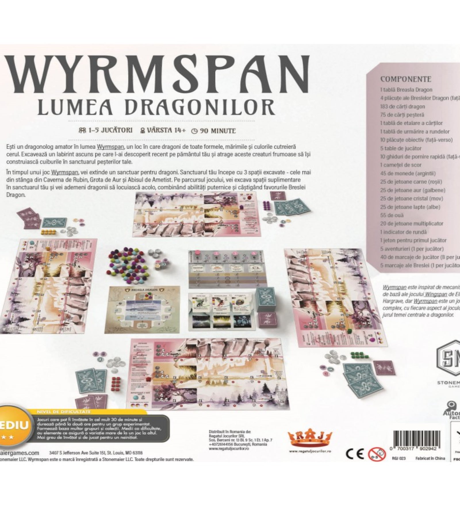 Wyrmspan – Lumea Dragonilor társasjáték román nyelvű dobozának hátoldala, a teljes játéktartalom kiterítve: játékos táblák, kártyák, sárkánytojás- és erőforrás jelölők, pontozóelemek, valamint a komponenslista és játékinformációk