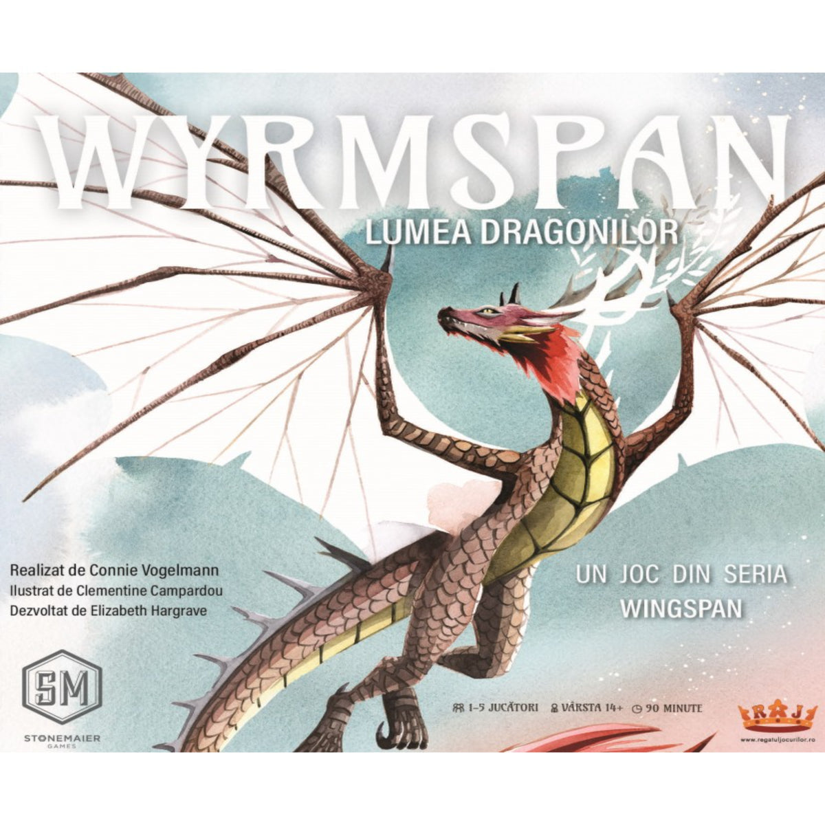 Wyrmspan – Lumea Dragonilor társasjáték román nyelvű dobozának előlapja, középen egy részletesen illusztrált, szárnyait kitáró sárkánnyal, világos pasztellszínű háttérrel és a Stone Maier Games logójával