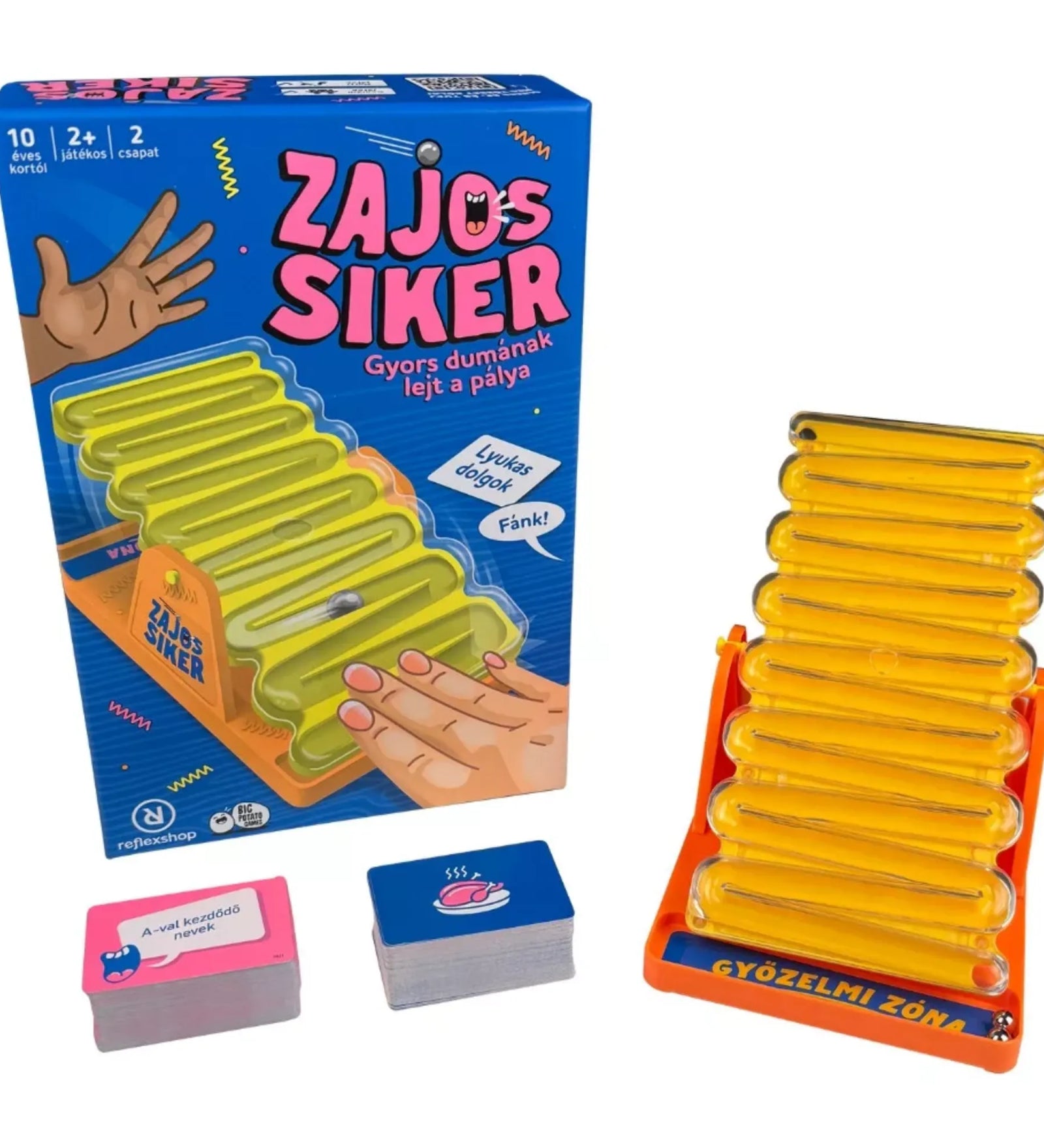 Zajos siker társasjáték doboza és teljes tartalma, sárga zajkeltő pályával, fém golyóval, kártyapaklikkal és színes grafikával, a játék összes tartozékának bemutatásával.