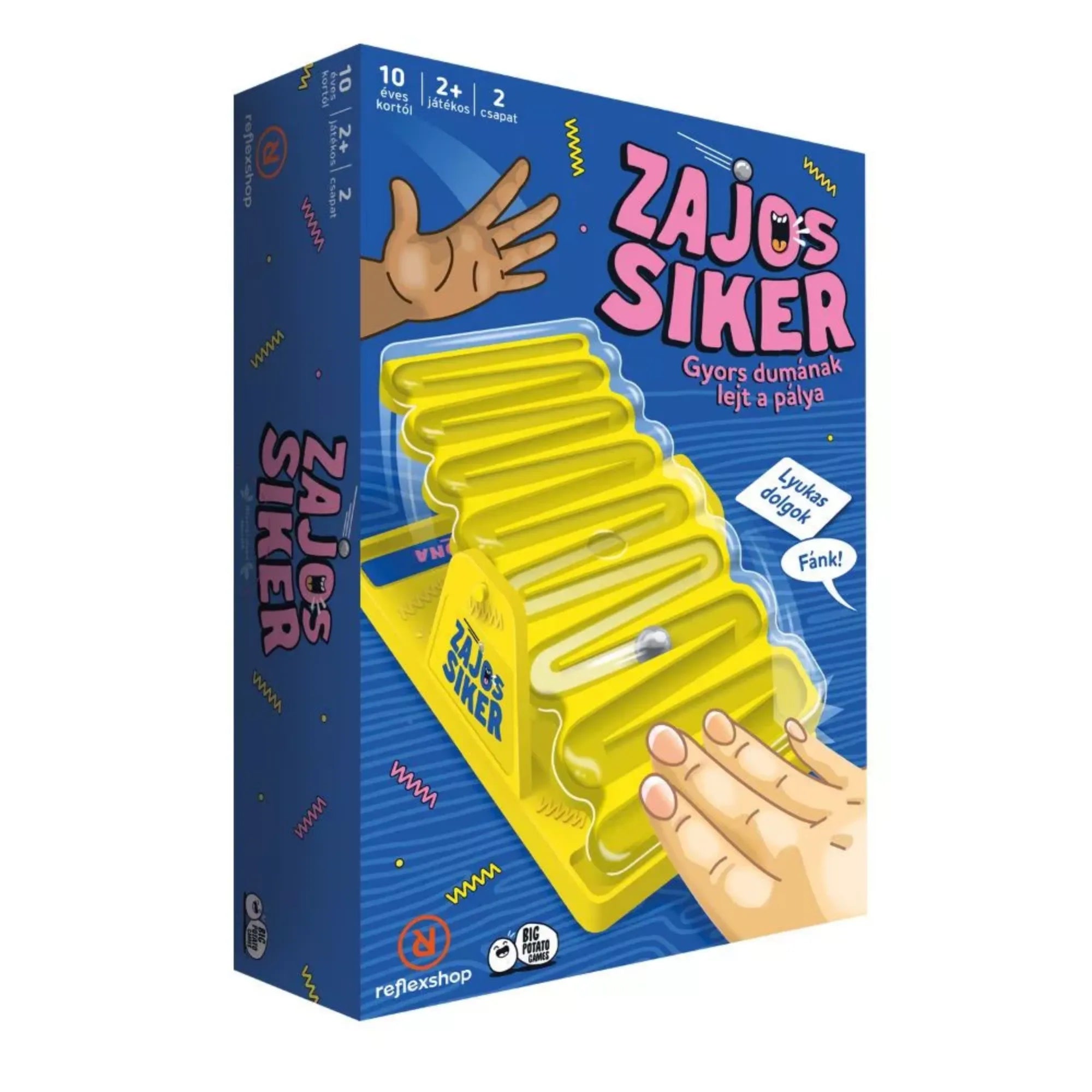 Zajos siker magyar nyelvű társasjáték doboza perspektivikus nézetben, a zajkeltő játékelemmel, kézillusztrációval és vidám, figyelemfelkeltő dizájnnal a csomagolás elején.