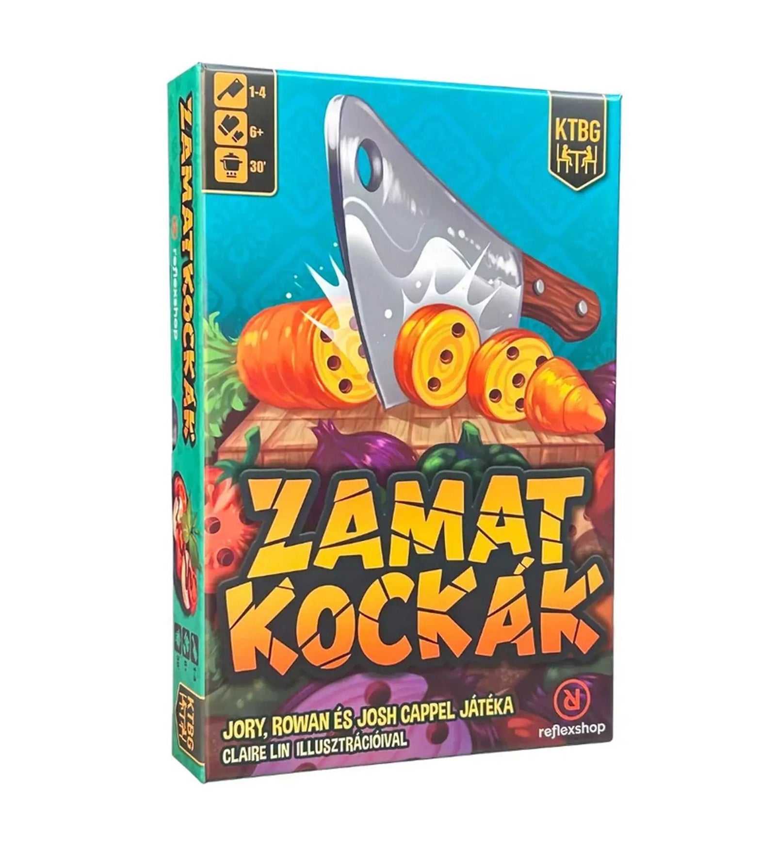 A képen a Zamatkockák társasjáték doboza látható, amely egy izgalmas és kreatív főzőverseny világába repíti a játékosokat. A doboz grafikája egy hatalmas séfkést és szeletelt zöldségeket ábrázol, utalva a játék kulináris témájára. 