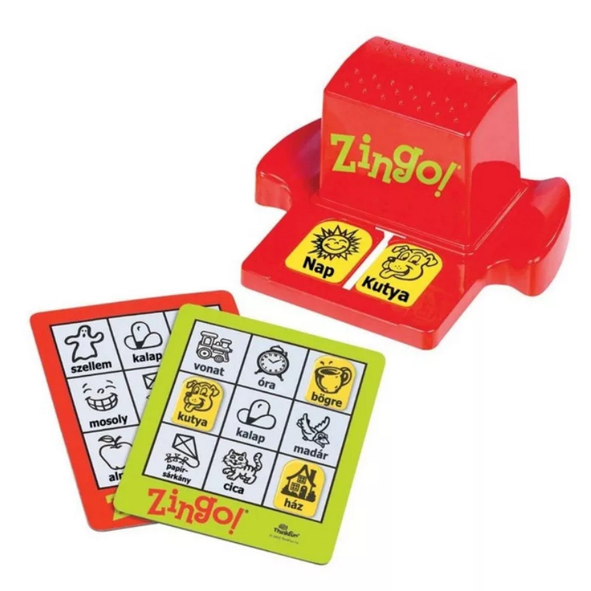 ThinkFun Zingo! – Közeli kép a piros Zingo! adagolóról és a képes játéklapokról, jól látható ikonokkal és szavakkal.