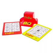ThinkFun Zingo! – A játék tartalma kiterítve: piros Zingo! adagoló, képes játéklapok és kártyák fehér háttéren.