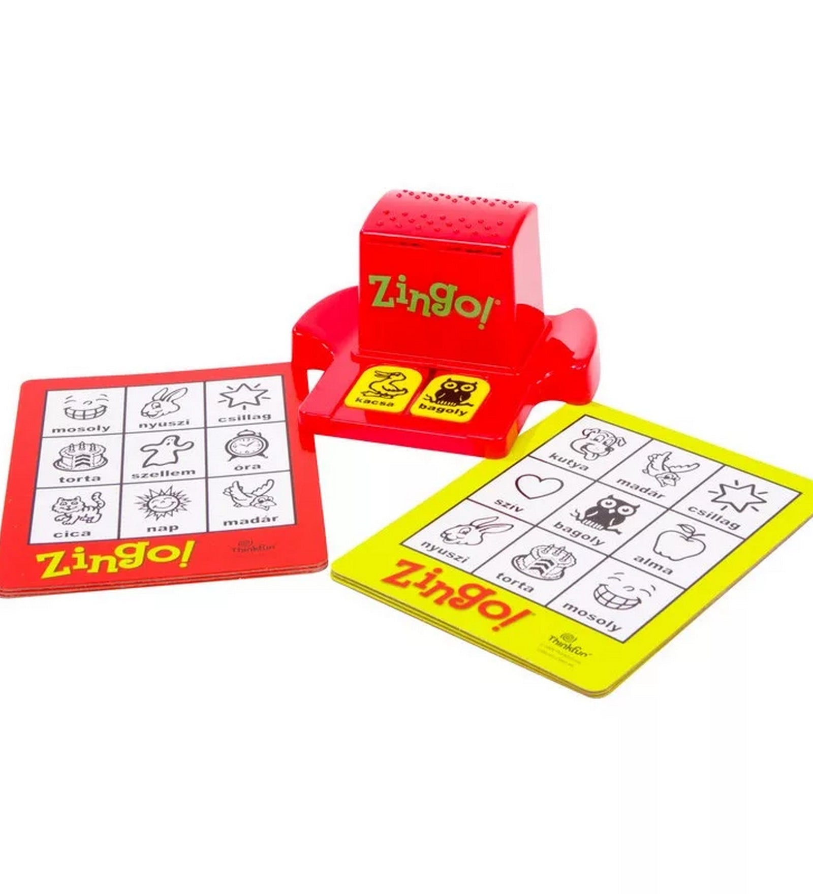 ThinkFun Zingo! – A játék tartalma kiterítve: piros Zingo! adagoló, képes játéklapok és kártyák fehér háttéren.