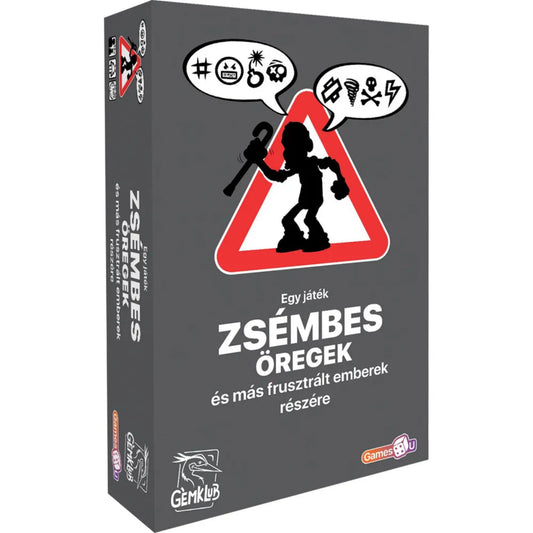 A Zsémbes öregek társasjáték doboza, szürke háttéren piros figyelmeztető háromszöggel, benne egy bottal hadonászó öregember sziluettjével, felül vicces piktogramokkal díszítve.