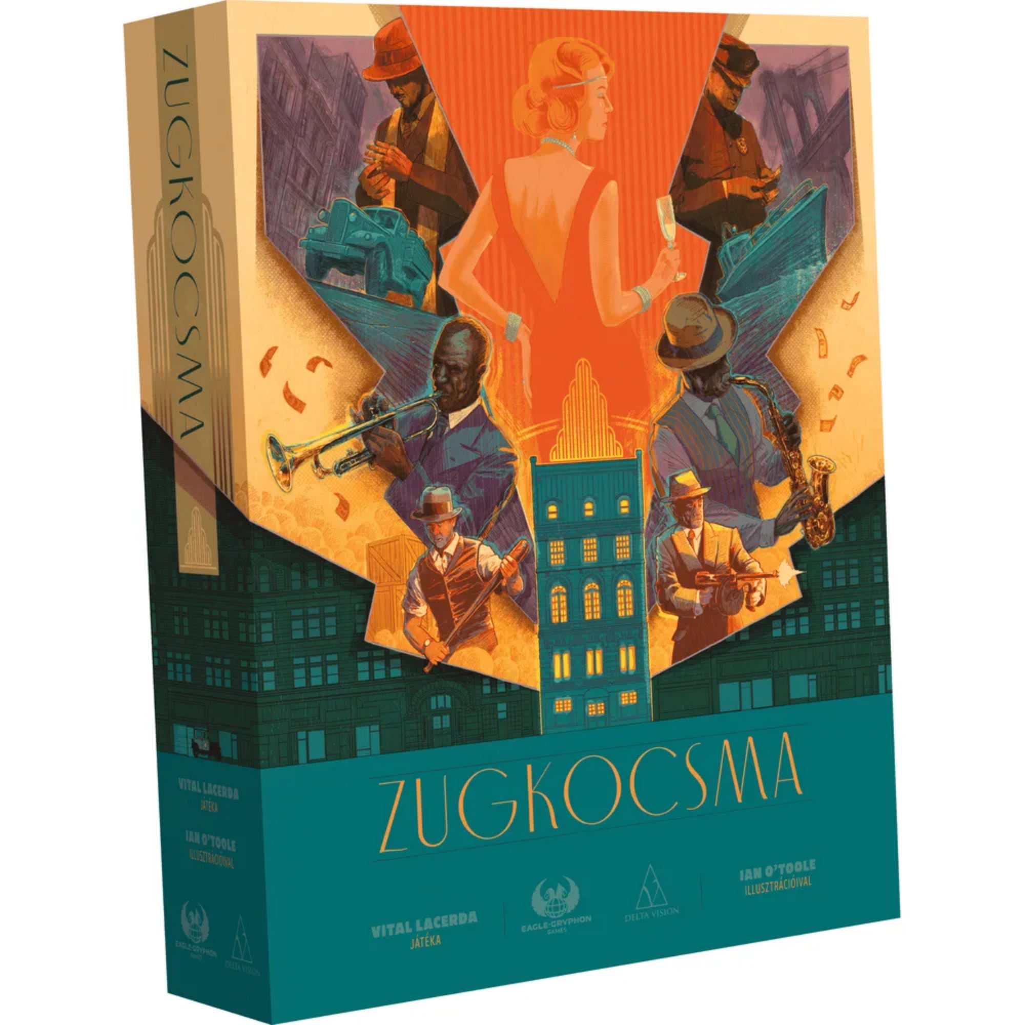 Zugkocsma társasjáték doboza art deco stílusú borítóval, jazz zenészekkel és gengszter hangulatú illusztrációval.