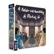 A fehér várkastély: Párbaj társasjáték doboza, amely japán stílusú illusztrációval mutatja a várkastély belsejében tanácskozó szamurájokat.