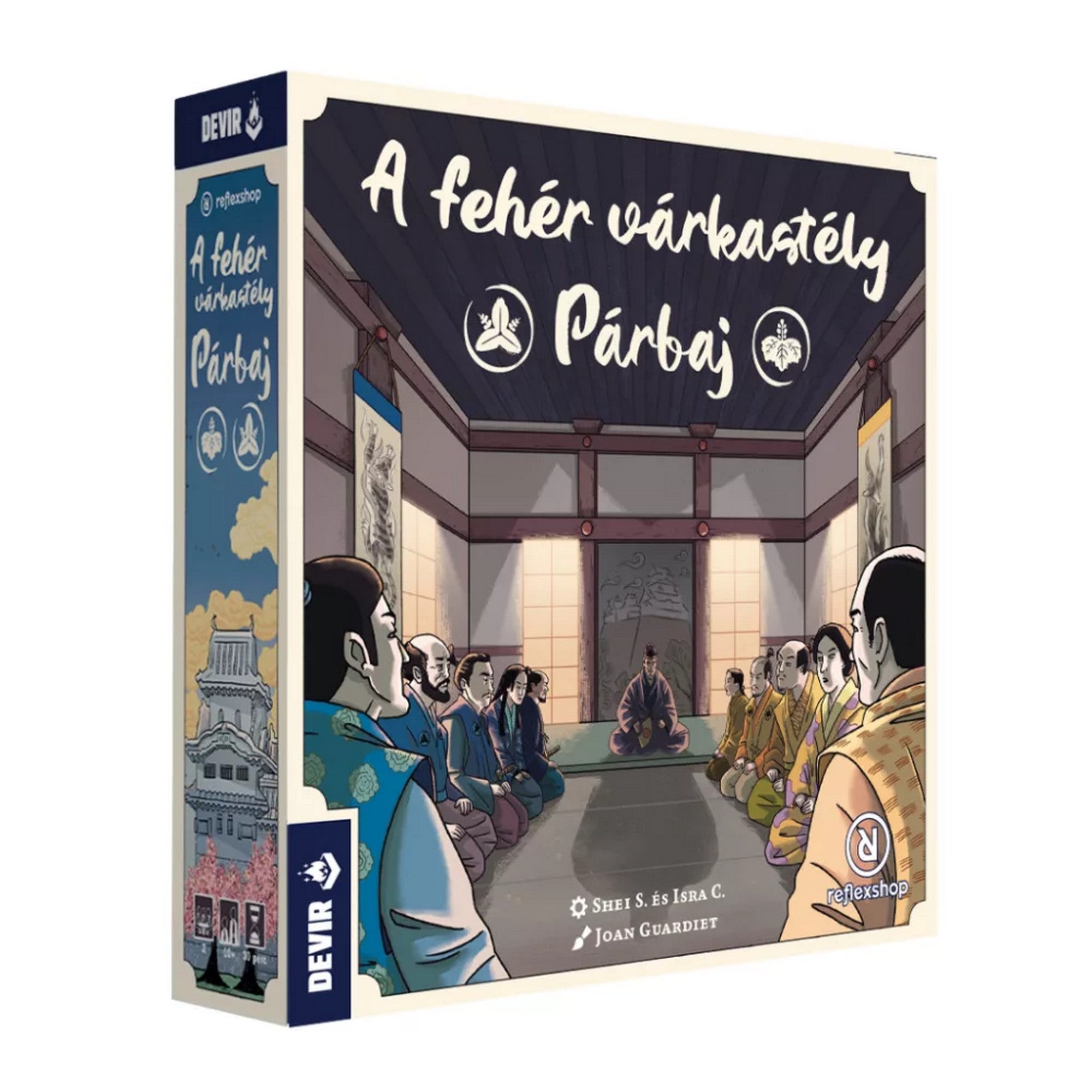 A fehér várkastély: Párbaj társasjáték doboza, amely japán stílusú illusztrációval mutatja a várkastély belsejében tanácskozó szamurájokat.