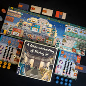 A fehér várkastély: Párbaj társasjáték teljes játéktérrel, táblákkal, kártyákkal és különböző színű bábukkal elrendezve.