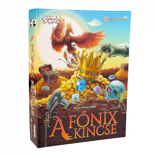 A főnix kincse társasjáték dobozképe főnixmadárral, aranykincsekkel és fantasy grafikával