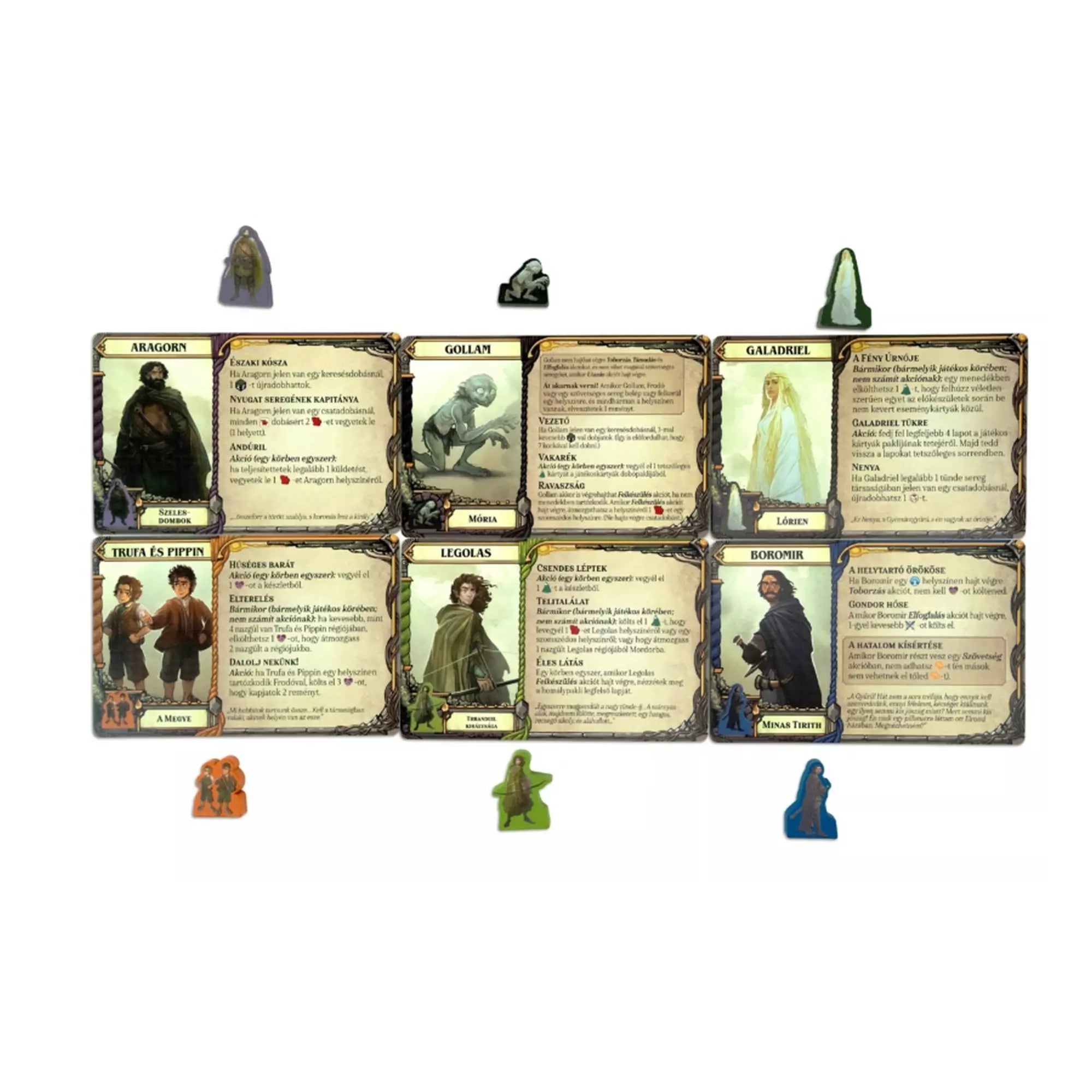 Karakterkártyák és színes figurák a Gyűrűk Ura hőseivel, köztük Aragorn, Gollam, Galadriel, Trufa és Pippin, Legolas és Boromir.