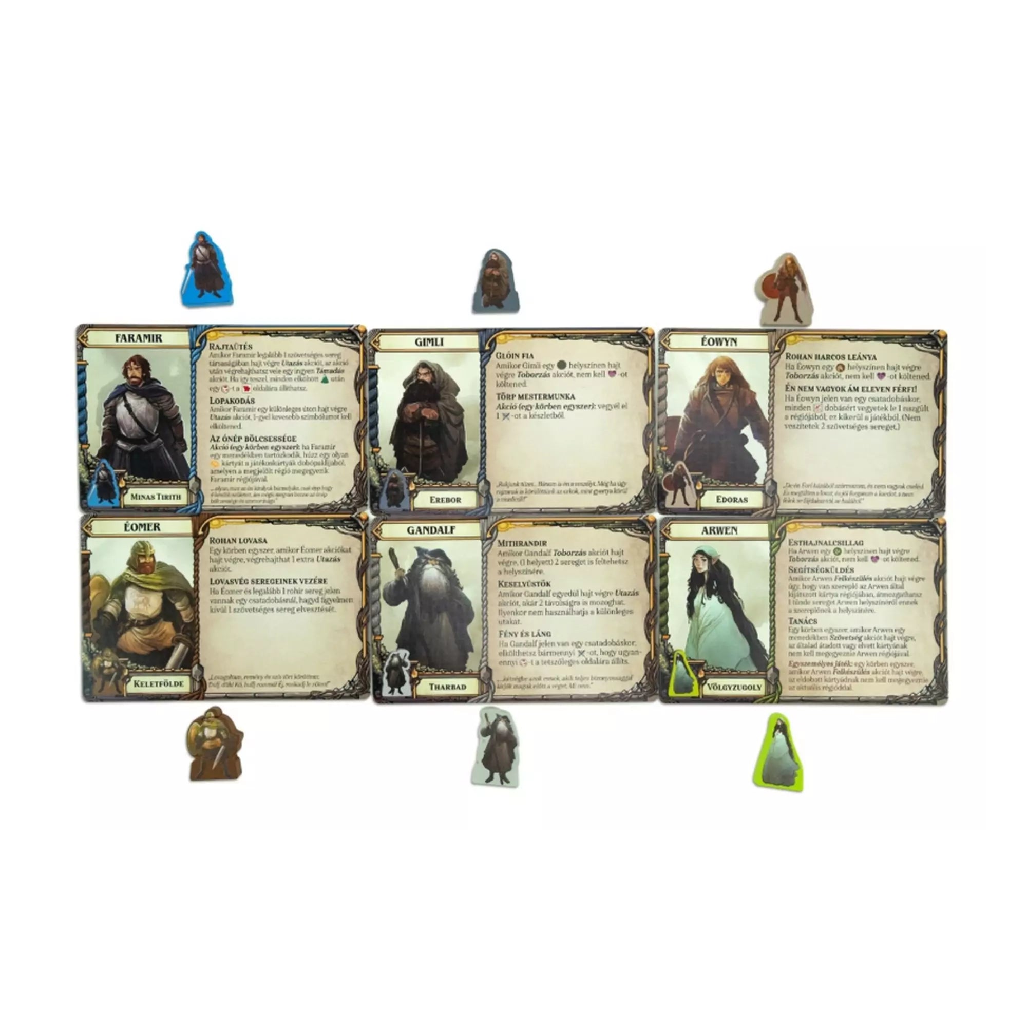 Karakterlapok és figurák, mint Faramir, Gimli, Éowyn, Éomer, Gandalf és Arwen, mindegyikhez egyedi képességek és háttértörténetek tartoznak.