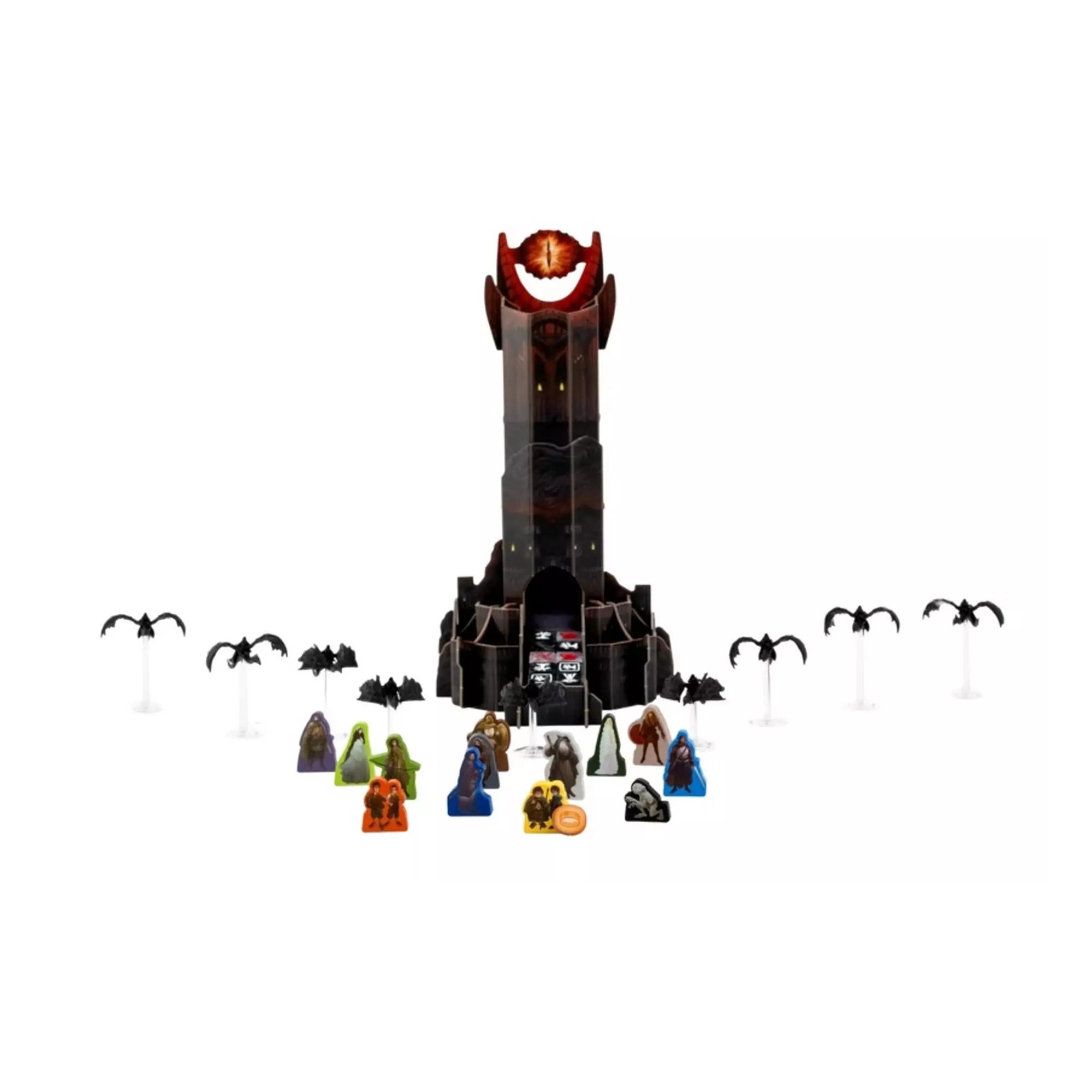 A Sötét Torony és a játékhoz tartozó összes figura elrendezve: nazgûl miniatűrök átlátszó talapzaton, szövetséges karakterek színes figurái és a Gyűrű jelző.