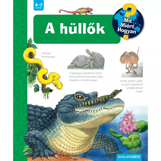 „A hüllők” – a Mit? Miért? Hogyan? sorozat kötete 4–7 éveseknek. A borítón több hüllő illusztrációja látható: Schlegel-lándzsakígyó egy ágon, galápagosi óriásteknős hímjei küzdenek, galléros gyík támadó pózban, elöl pedig egy krokodil a hátán napozó fiatal gyíkkal. Jobbra alul vízililiom és SCOLAR KID logó.