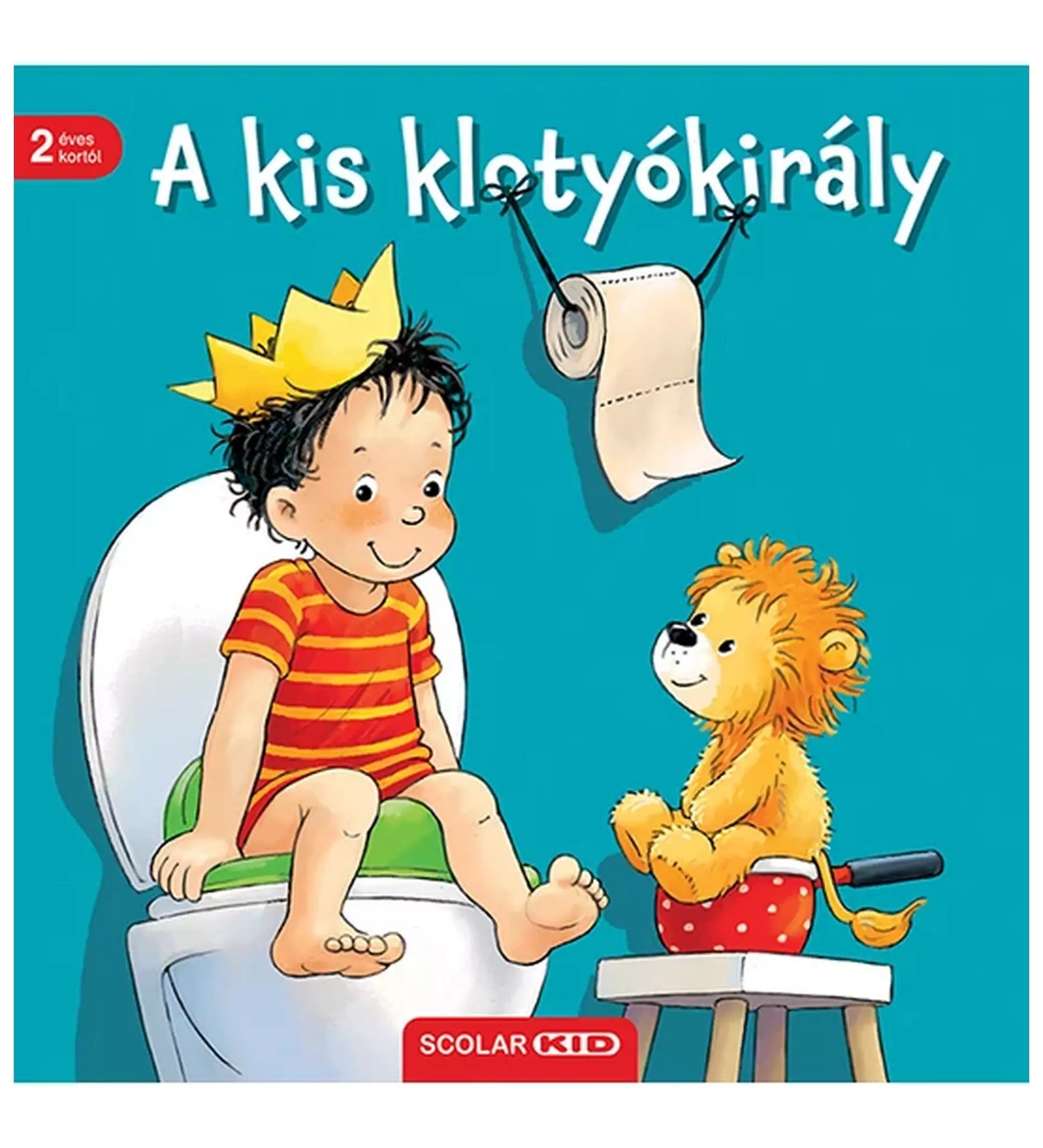 A kis klotyókirály című gyerekkönyv borítója, amelyen egy kisfiú arany koronával a fején a WC-n ül, mellette egy oroszlán plüssfigura egy bili tetején. A könyv a bilire szoktatás témáját dolgozza fel vidám illusztrációkkal.