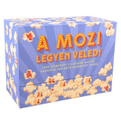 A mozi legyen veled! magyar nyelvű társasjáték dobozkép, kék popcorn mintás csomagolás elölnézetben.