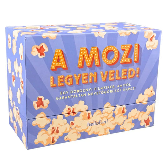 A mozi legyen veled! magyar nyelvű társasjáték dobozkép, kék popcorn mintás csomagolás elölnézetben.