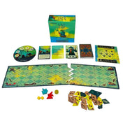 A nagy kékség társasjáték teljes tartalma kiterítve: játéktáblák, kártyák, jelölők, lapkák és a doboz