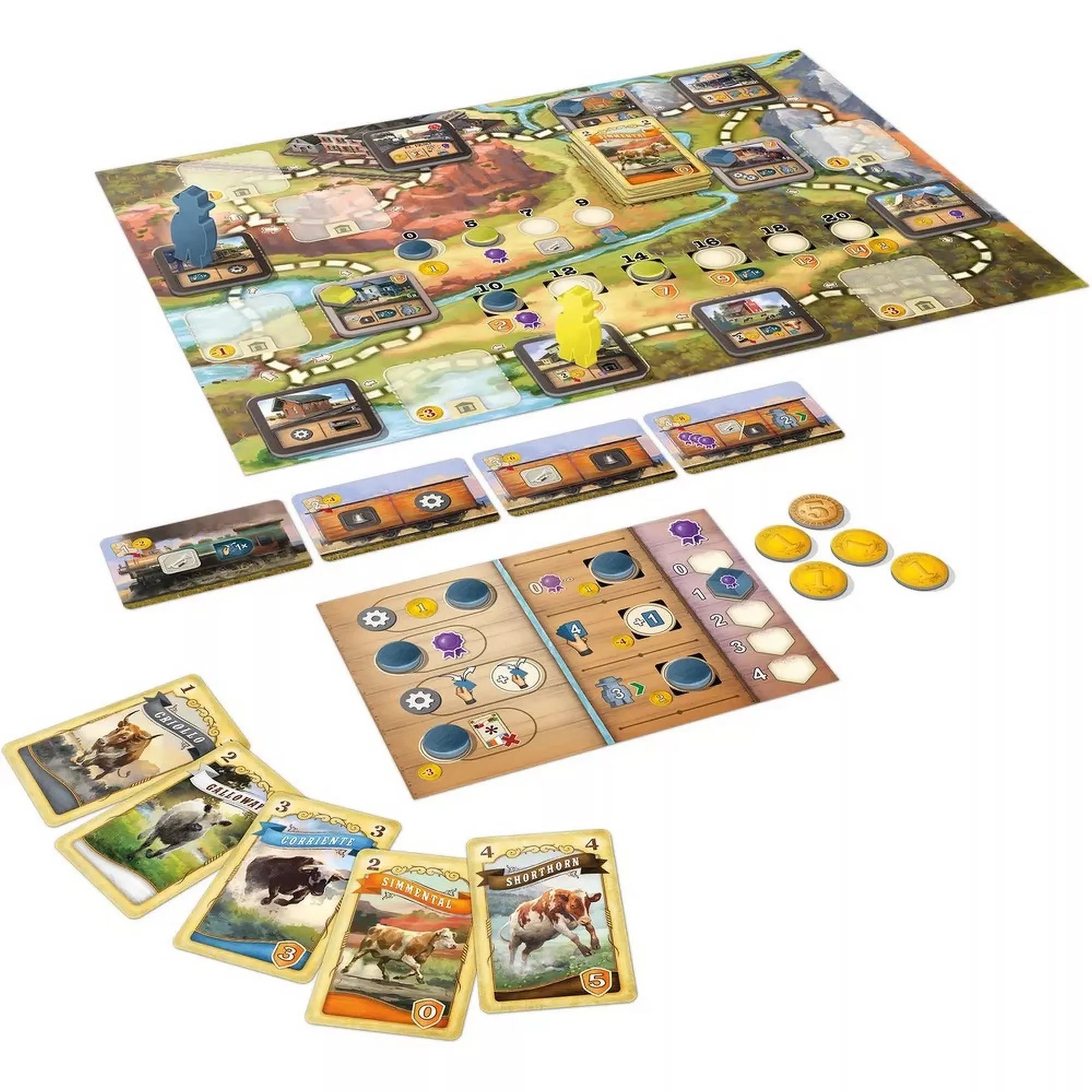 A nagy western utazás: El Paso társasjáték tartalma, játéktábla, marhakártyák, pénzjelölők és játékoselemek