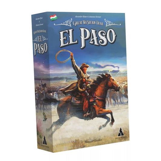 A nagy western utazás: El Paso társasjáték dobozkép, Great Western Trail El Paso magyar kiadás, cowboyos illusztrációval