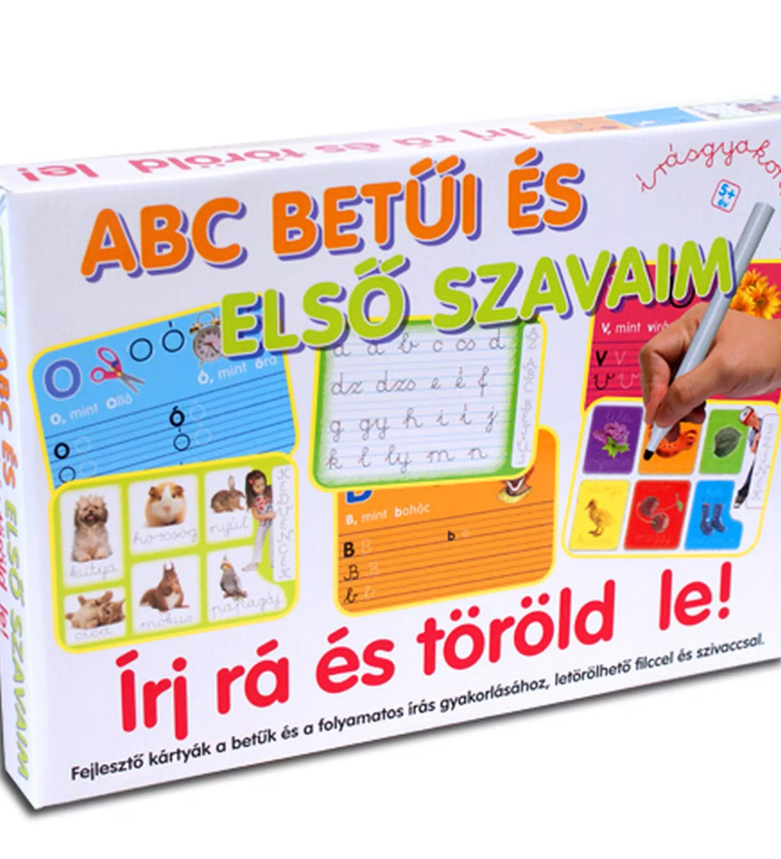 „ABC betűi és első szavaim – Írj rá és töröld le!” fejlesztő játék doboza, amely színes, kétoldalas gyakorlókártyákat, betűírási mintákat, kisállatos szókártyákat, letörölhető filctollat és szivacsot ábrázol. A kép jobb oldalán egy kéz éppen rajzol a piros szókártyákra.