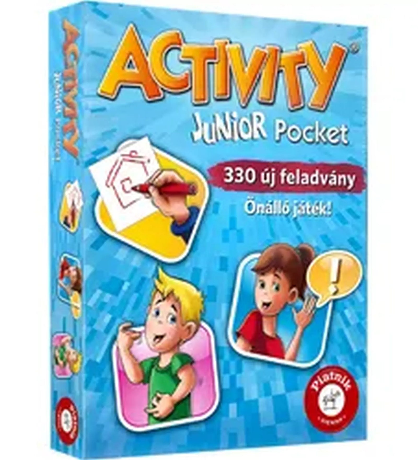 „Az Activity Junior Pocket társasjáték színes doboza, amely a 330 új feladványt és a gyerekeknek készült vidám játékmenetet hirdeti.”