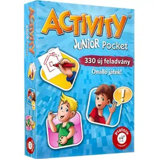 „Az Activity Junior Pocket társasjáték színes doboza, amely a 330 új feladványt és a gyerekeknek készült vidám játékmenetet hirdeti.”