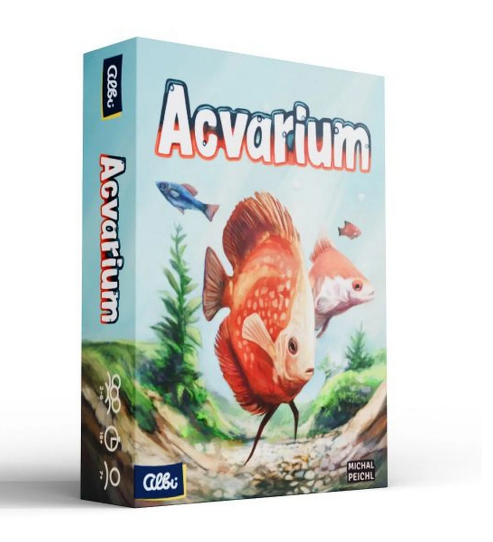 Acvarium társasjáték doboza Michal Peichl illusztrációjával, egy nagy narancsszínű hallal a borítón.