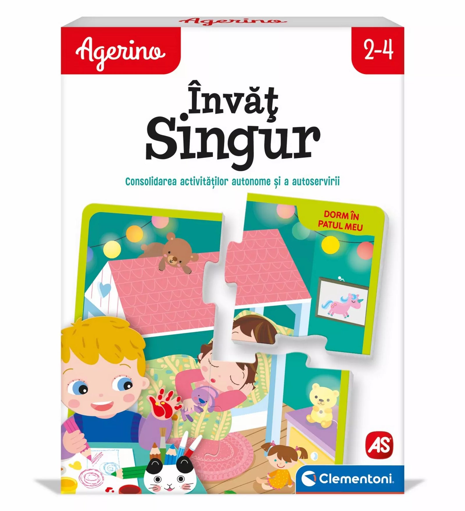 "Agerino - tanulok egyedül játék doboza 2-4 éves gyerekek számára, színes és vonzó illusztrációkkal."