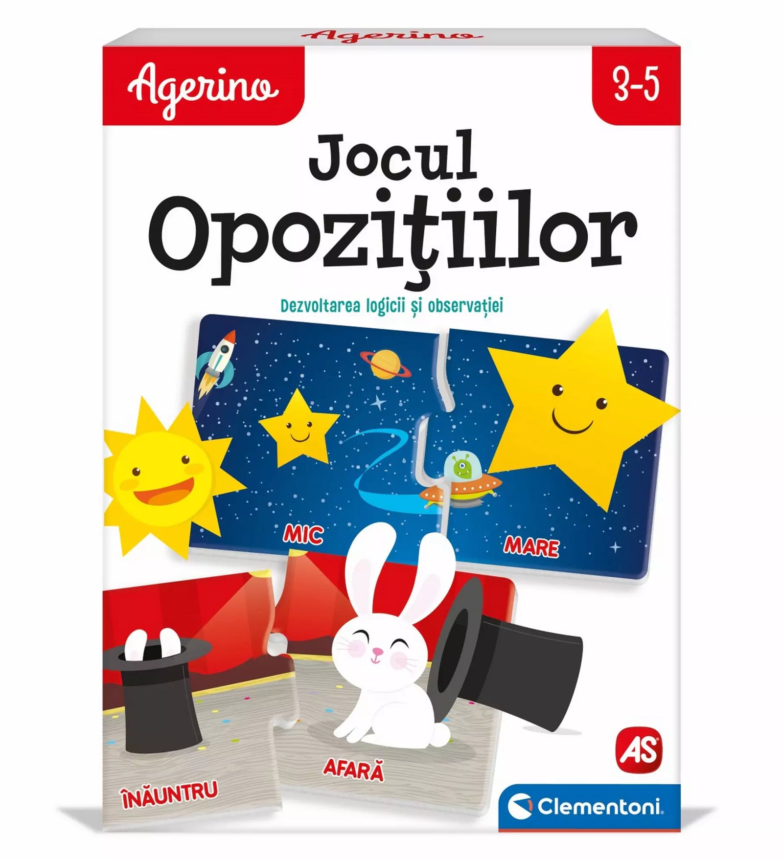 Az "Agerino Jocul Opozițiilor" doboza, amely bemutatja a játék színes grafikáját és a gyerekeknek szánt szórakoztató tanulási élményt.