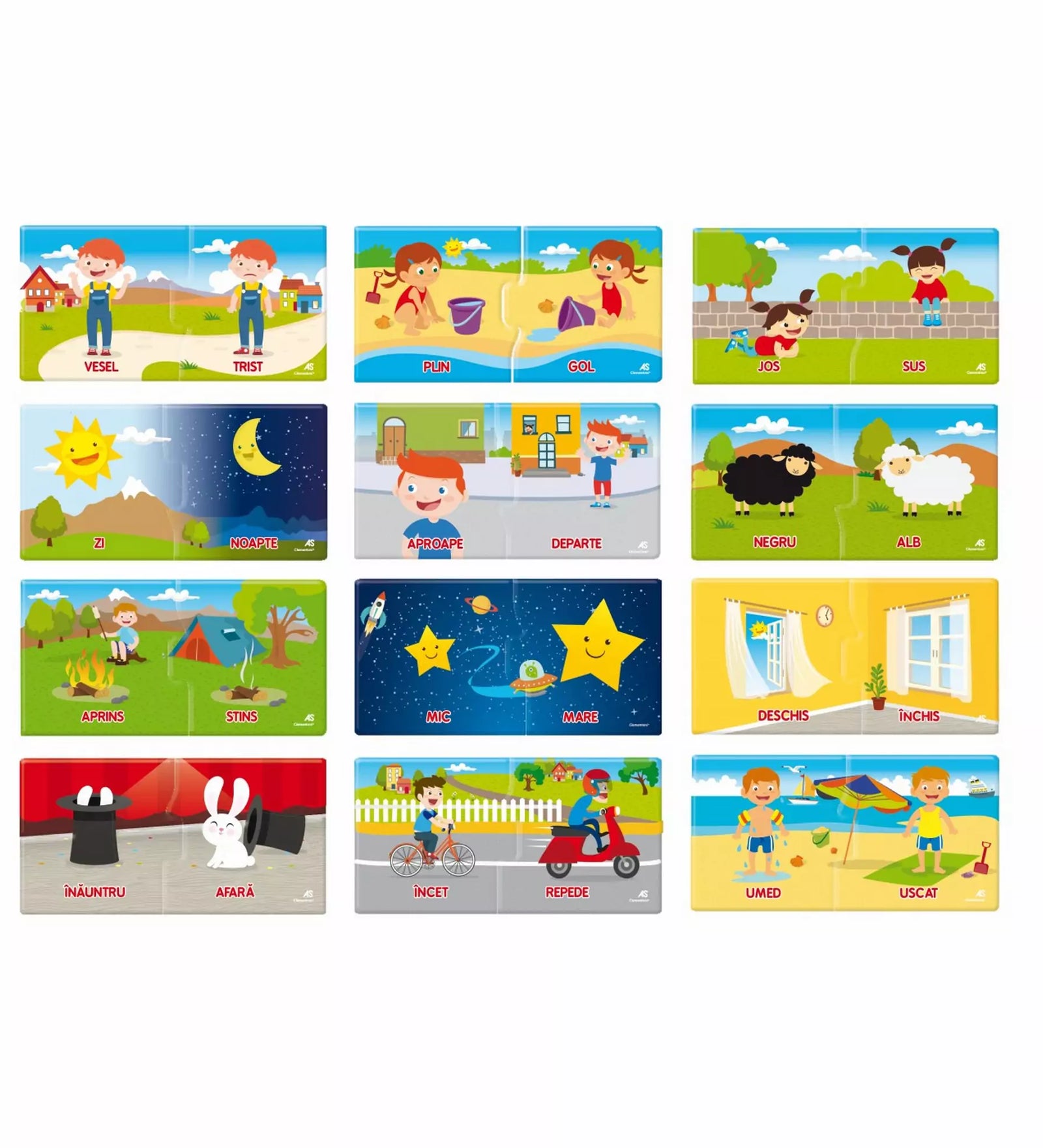 Az "Agerino Jocul Opozițiilor" puzzle elemek példái, amelyek segítik a gyerekeket az ellentétes fogalmak felismerésében és párosításában.