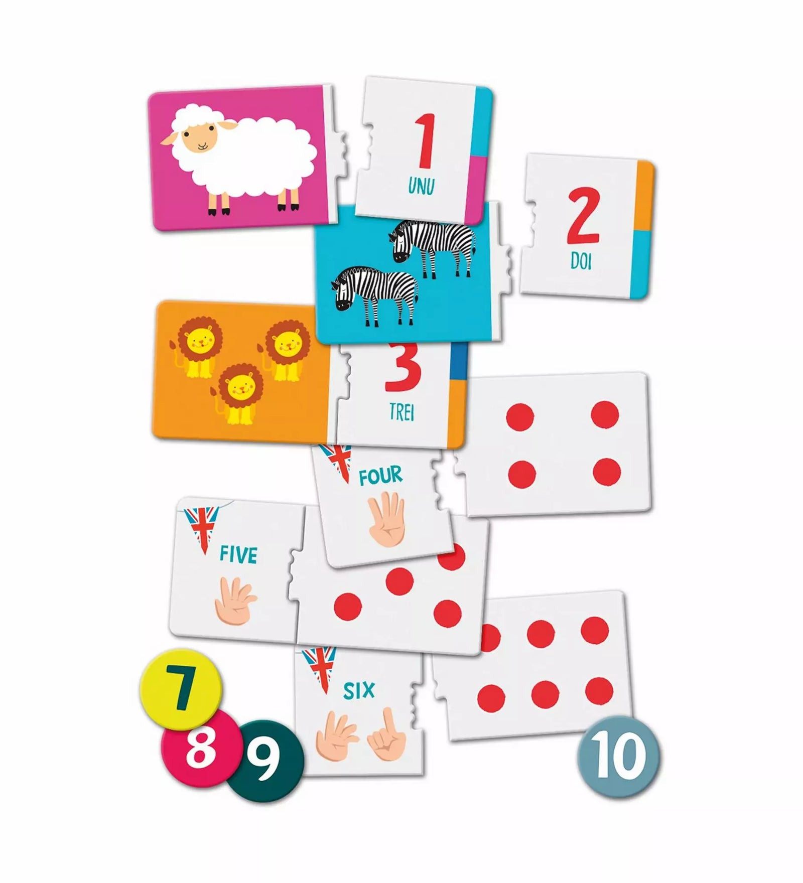 Agerino Számok Puzzle elemei - Puzzle-darabok és számkártyák, melyek segítik a gyerekeket a számok és mennyiségek megértésében.