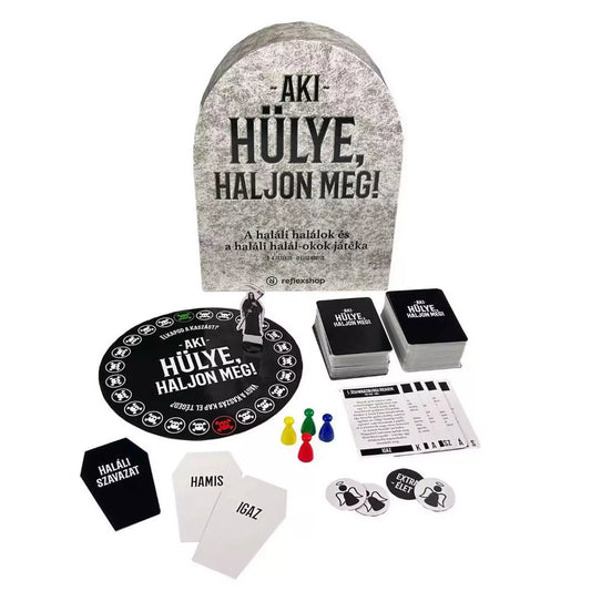 Az Aki hülye, haljon meg! társasjáték tartalma: játéktábla, kártyák, bábuk és Haláli Szavazat lapok