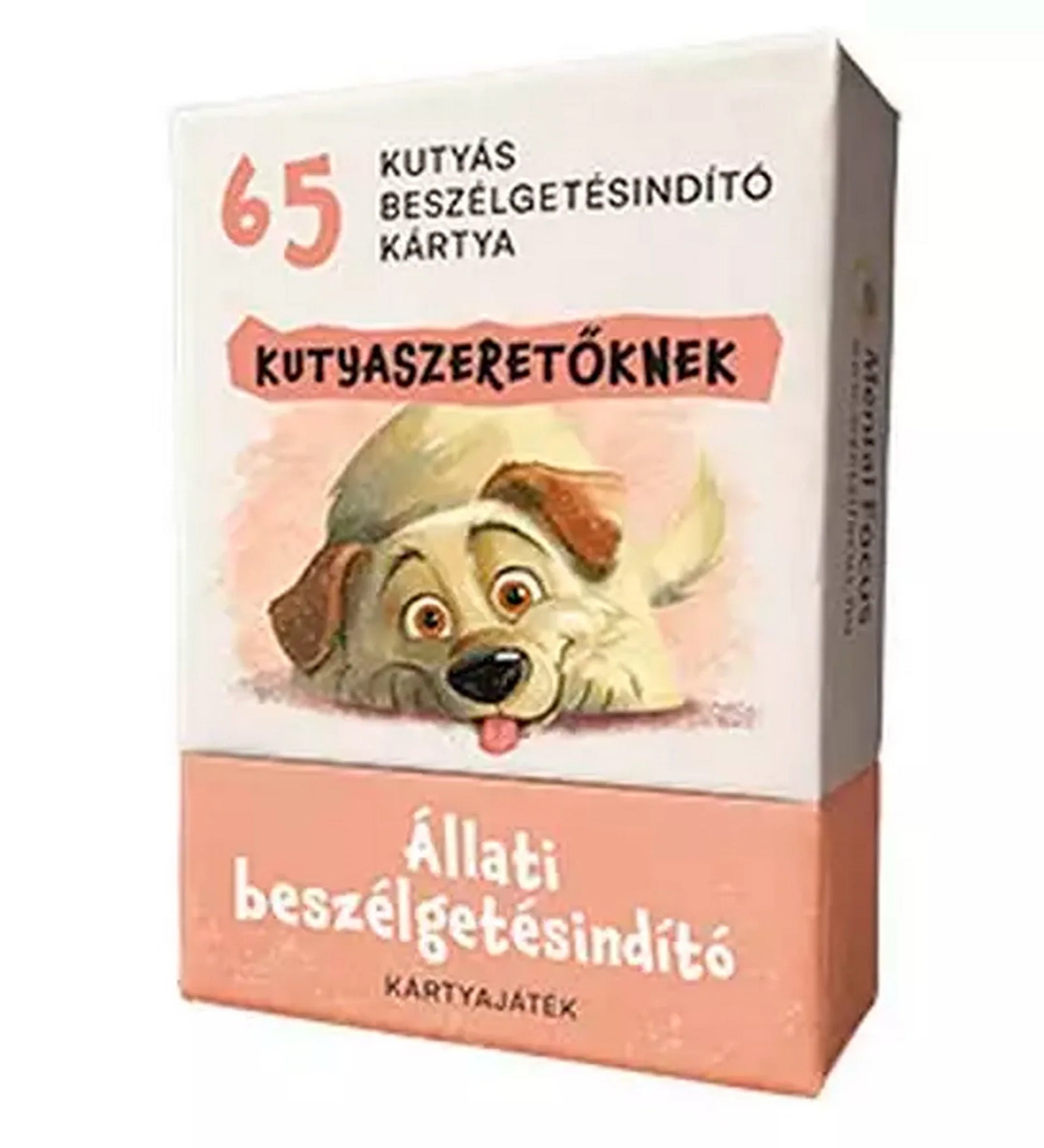 Állati beszélgetésindító kutyaszeretőknek kártyajáték doboza aranyos kutyaillusztrációval és 65 beszélgetésindító kártyával.
