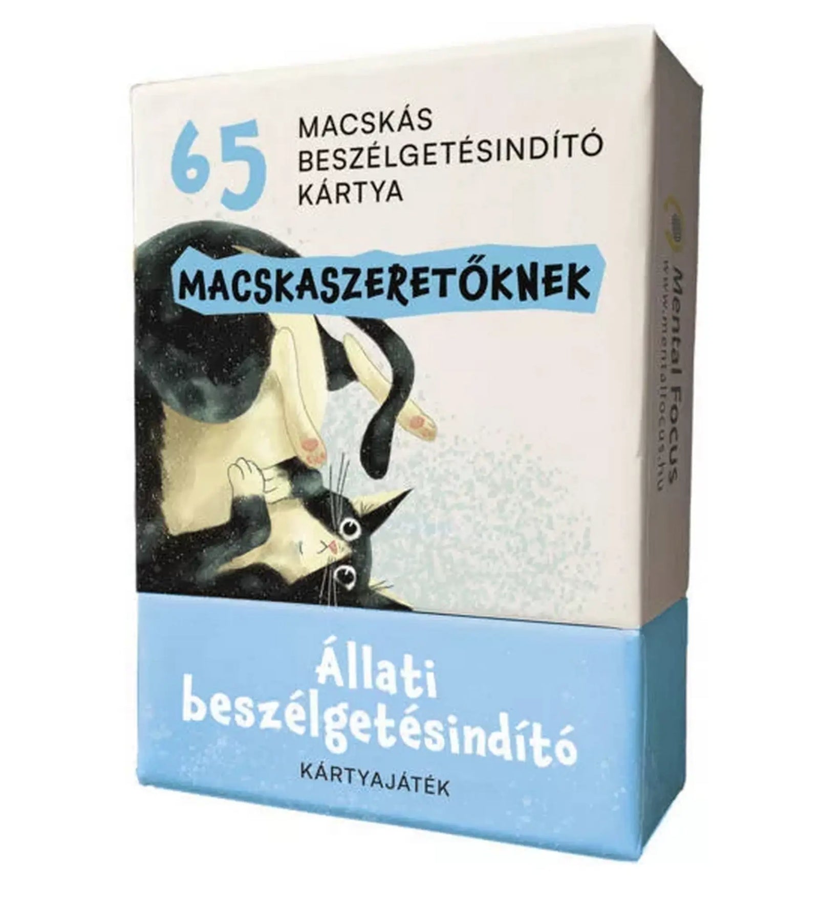 Állati beszélgetésindító macskaszeretőknek kártyajáték doboza, amely 65 beszélgetésindító kártyát tartalmaz.